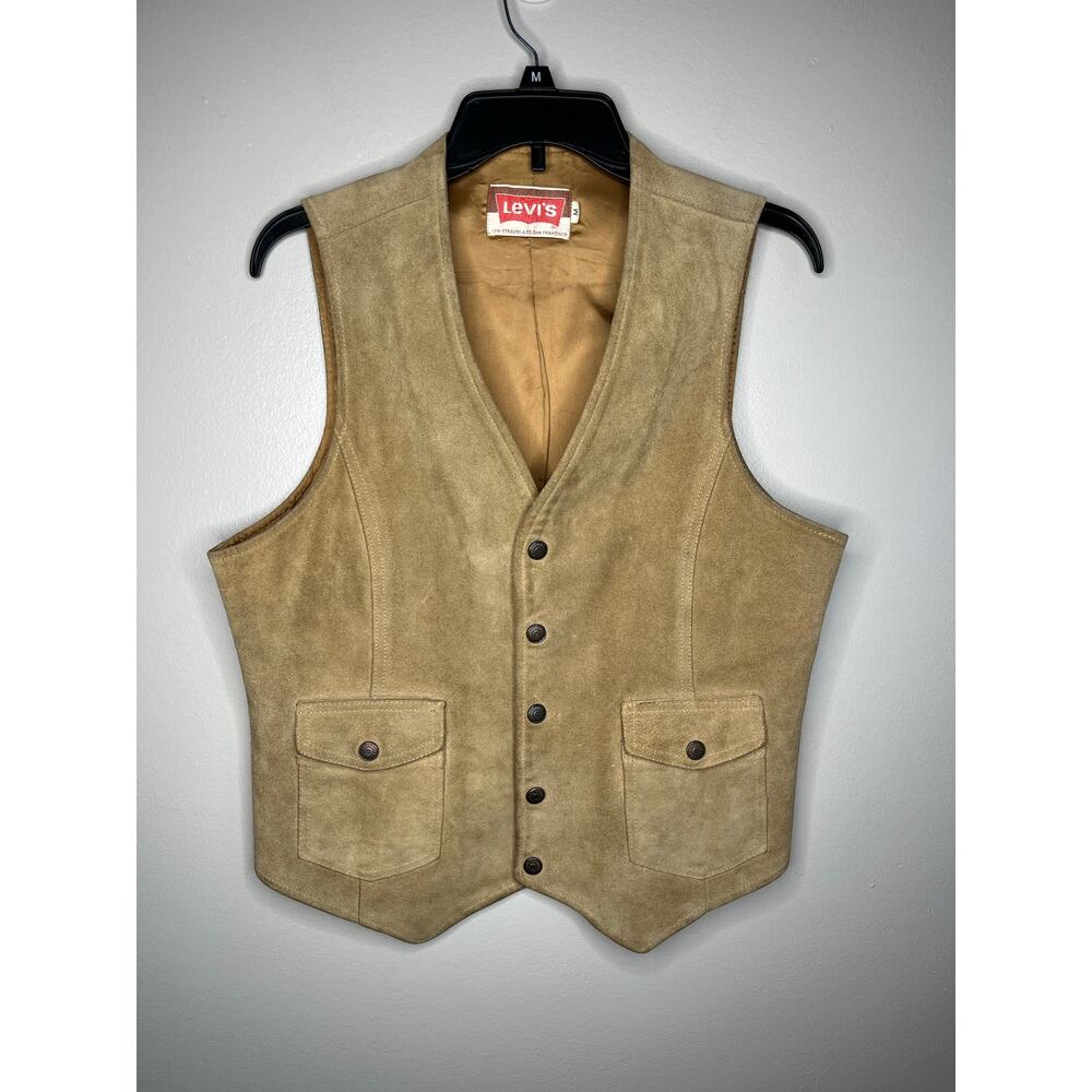 Vintage 70s Levi’s Tan Suede Leather Vest Western Graphic Back Size Medium - Picture 3 of 7